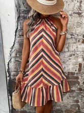 Contrast Color Pleated Split-Joint Striped A-Line Loose Halter-Neck Mini Dresses